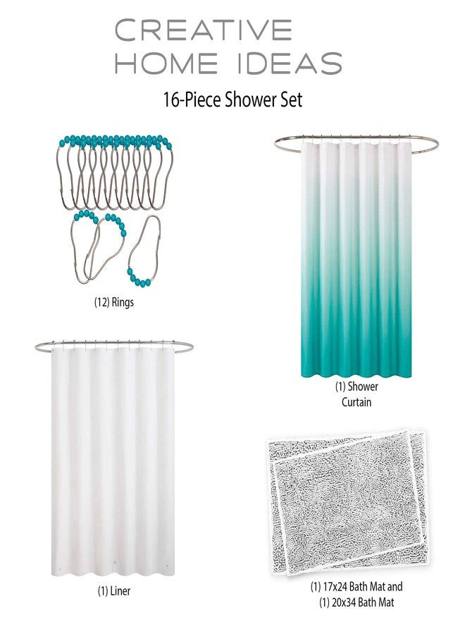 Creative Home Ideas Bathroom Sets with Shower Curtain and Rugs| Shower Curtain Sets with Rugs, Shower Curtain, Liner Set, 2 Chenille Bathmats and 12 Hooks | 70 x72 | White/Turquoise Ombre - Image 2
