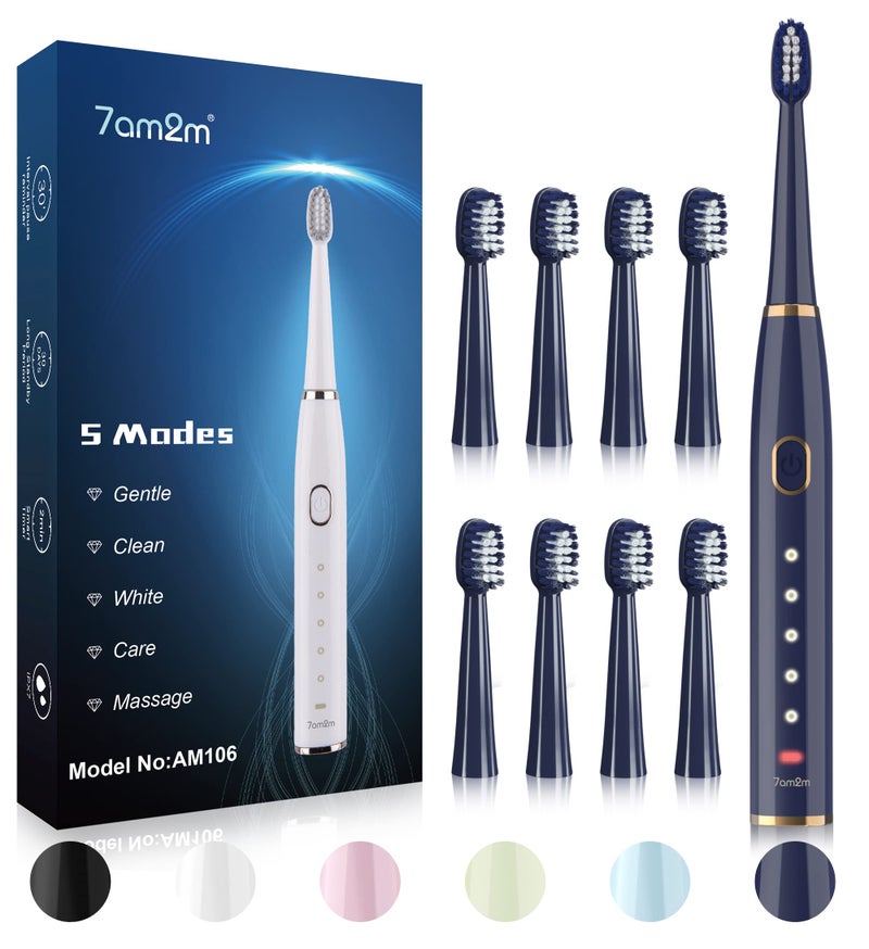 7AM2M Sonic Electric Toothbrush for Adults and Kids High Power Rechargeable Toothbrushes with 8 Brush Heads5 Adjustable Modes Builtin 2Minute Smart Timer4 Hours Fast Charge for 30 DaysNavy