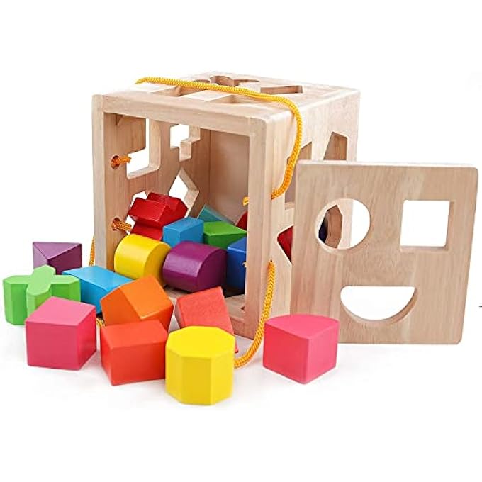 19 HOLES SHAPE SORTER TOY, MY FIRST WOODEN COLORFUL BUILDING BLOCKS, GEOMETRY RECOGNITION SHAPE PUZZLE, LEARNING MATCHING AND SORTING TOY FOR TODDLERS BABY KIDS (19 HOLES) - Image 3