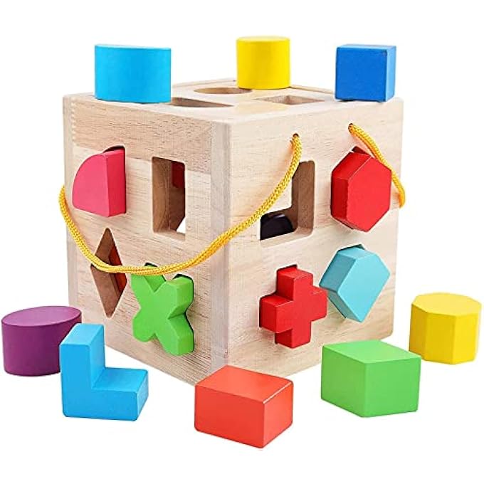 19 HOLES SHAPE SORTER TOY, MY FIRST WOODEN COLORFUL BUILDING BLOCKS, GEOMETRY RECOGNITION SHAPE PUZZLE, LEARNING MATCHING AND SORTING TOY FOR TODDLERS BABY KIDS (19 HOLES) - Image 1