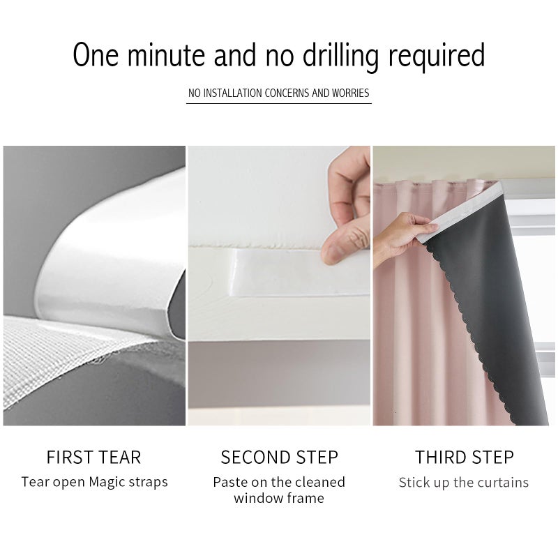 A-jazz AJAZZ self Adhesive Portable 100% Blackout Curtains Simple and Easy to installBedroom Window Thermal Lnsulated Kitchen Room Darkening Black Small Drapes 1-Pack - Image 3