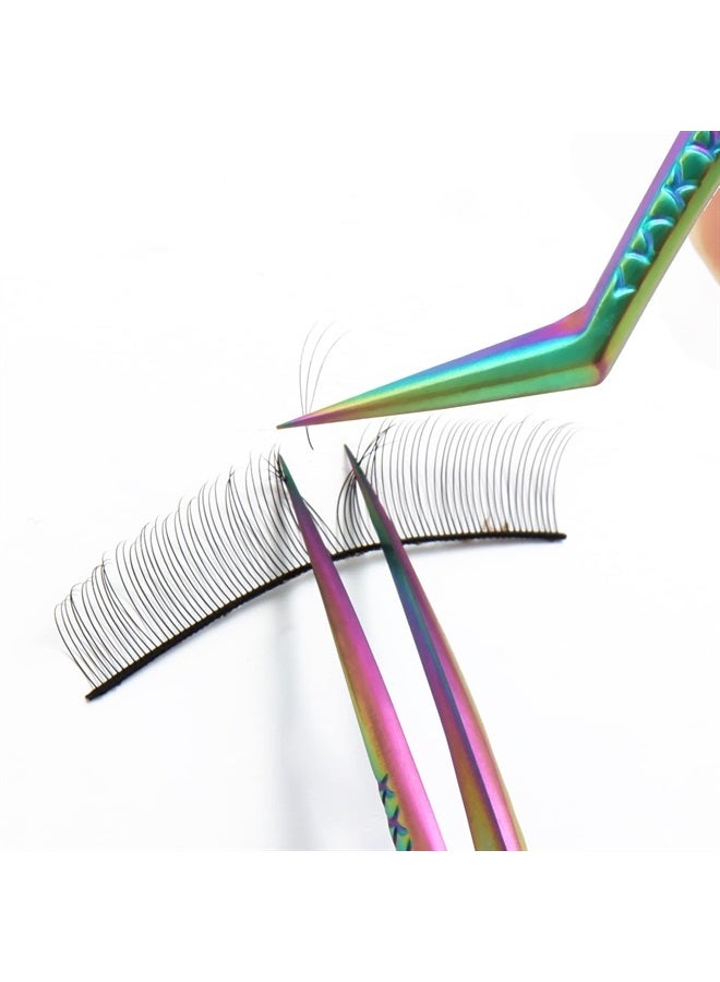 Diamond Grip Eyelash Extensions Tweezer Lash Precision Tweezers, Japanese Steel Dolphin-shaped & Angled Tip, False Lashes Application Tools, Multi-color 2Pcs