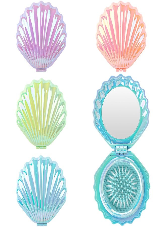 AUEAR, 4 Pack Foldable Travel Hair Brushes with Mirror Shell Shape Portable Folding Pocket Brush Mini Comb Compact Size Massage - Image 1