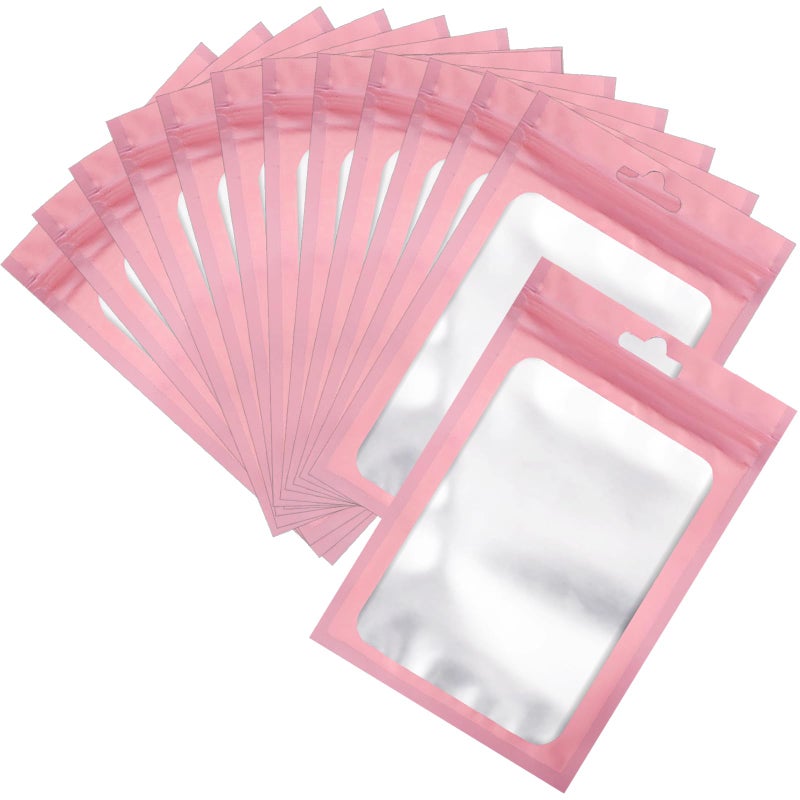 100 Pcs Resealable Mylar Bags Sealable Odor Proof Foil Pouch Bag with Clear Window Small Bussiness Packaging Supplies Pink 4 X 6 Inch