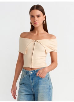 Dilvin 30748 Off Shoulder Zipper Detailed Top-Beige  - Image 1
