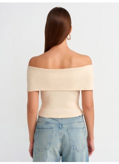 Dilvin 30748 Off Shoulder Zipper Detailed Top-Beige  - Image 2
