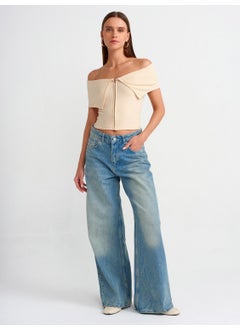 Dilvin 30748 Off Shoulder Zipper Detailed Top-Beige  - Image 3