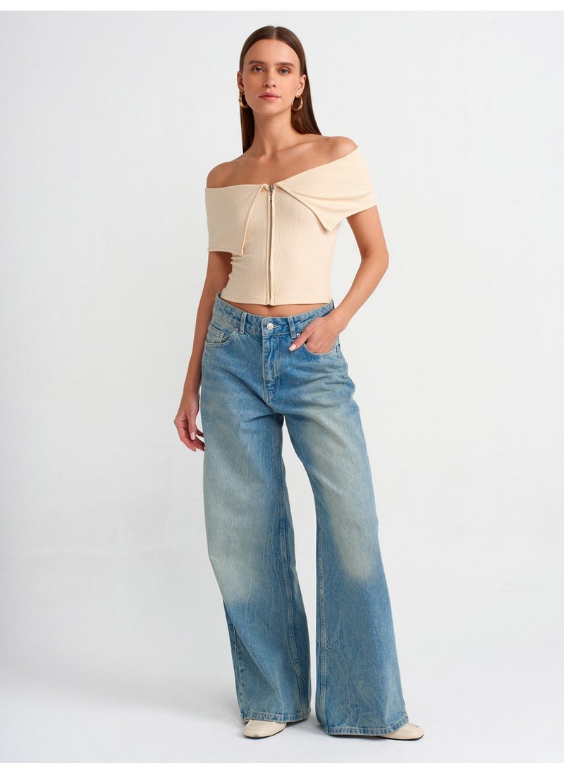Dilvin 30748 Off Shoulder Zipper Detailed Top-Beige  - Image 3