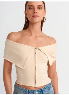 Dilvin 30748 Off Shoulder Zipper Detailed Top-Beige  - Image 4