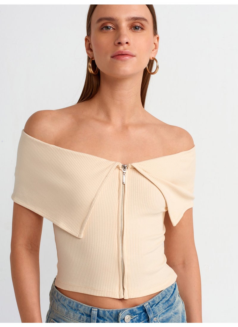 Dilvin 30748 Off Shoulder Zipper Detailed Top-Beige  - Image 4