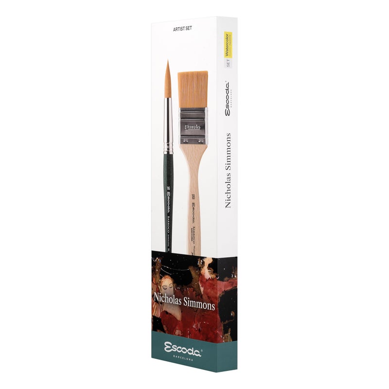 Escoda Signature Collection Nicholas Simmons Artist Watercolor Brush Set #2, Barroco Round & Mottler, Size 16, 18 - Image 1