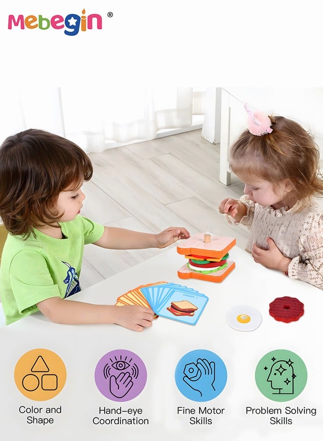 ميبيجين مجموعة صنع الساندويتشات والهامبرغر الخشبية، مكعبات بناء الهامبرغر والساندويتشات، ألعاب المطبخ المنزلية، لعبة مطبخ إبداعية ملونة، ألعاب تحفز الخيال والإبداع، هدية مثالية للأطفال من عمر 36 شهرًا فما فوق - Image 4