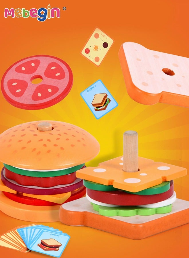 ميبيجين مجموعة صنع الساندويتشات والهامبرغر الخشبية، مكعبات بناء الهامبرغر والساندويتشات، ألعاب المطبخ المنزلية، لعبة مطبخ إبداعية ملونة، ألعاب تحفز الخيال والإبداع، هدية مثالية للأطفال من عمر 36 شهرًا فما فوق - Image 2