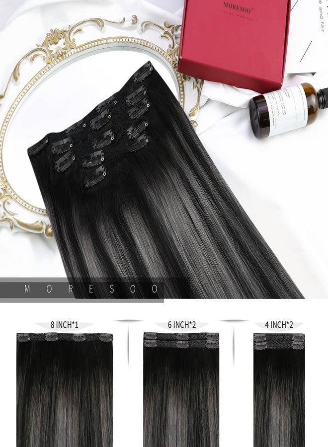 Moresoo Black And Grey Clip in Hair Extensions Ombre Natural Black to Silver Grey Hair Extensions Real Human Hair Clip ins Short Remy Straight 80g/5pcs 10 inch - Image 3