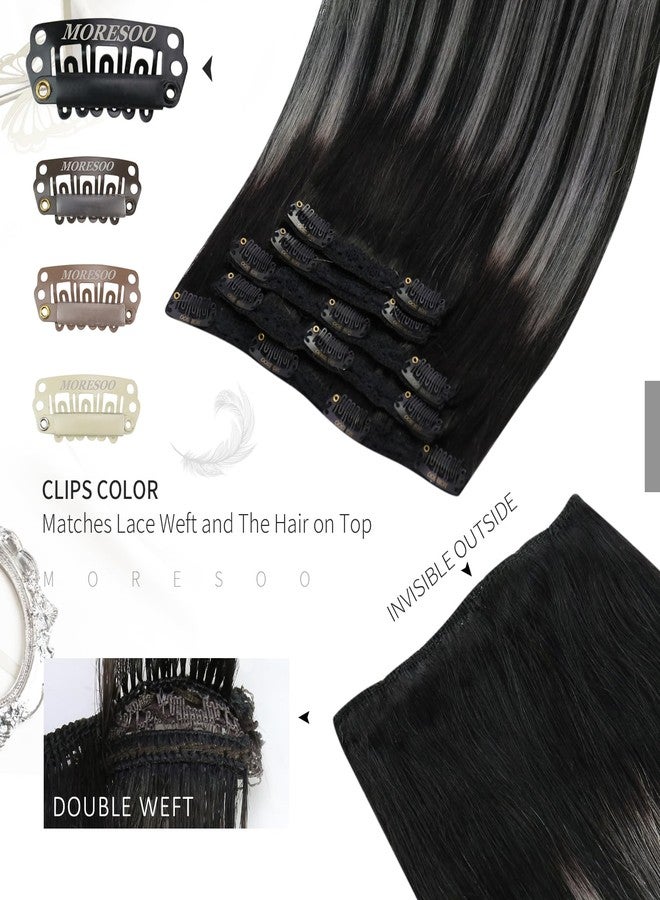Moresoo Black And Grey Clip in Hair Extensions Ombre Natural Black to Silver Grey Hair Extensions Real Human Hair Clip ins Short Remy Straight 80g/5pcs 10 inch - Image 4