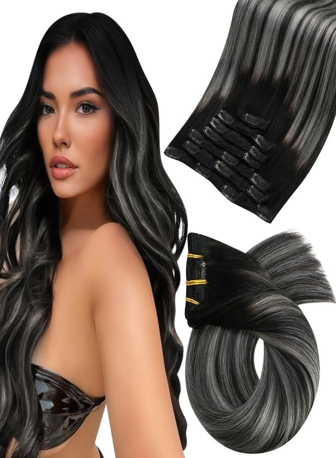 Moresoo Black And Grey Clip in Hair Extensions Ombre Natural Black to Silver Grey Hair Extensions Real Human Hair Clip ins Short Remy Straight 80g/5pcs 10 inch - Image 1