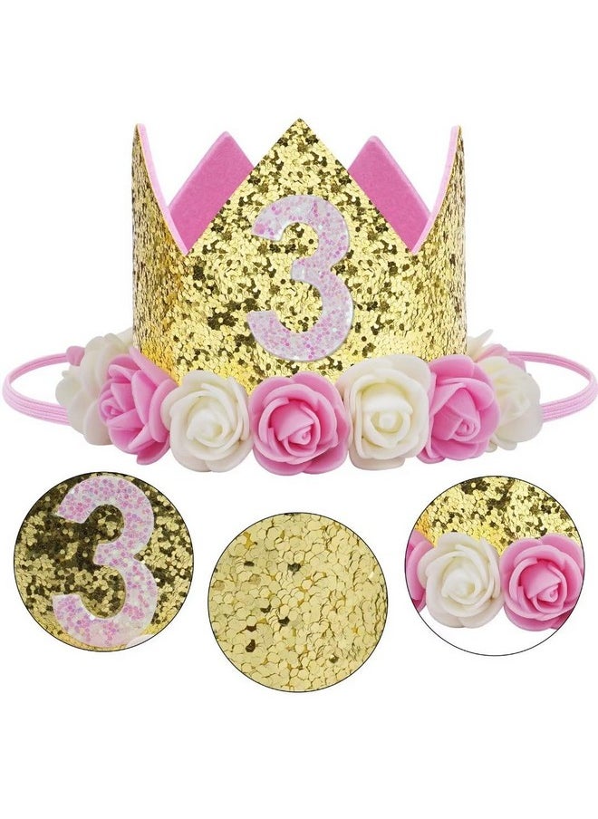 Haomaomao - Baby Birthday Crown, Princess Crowns Tiara Party Hat With Gold Glitter And Pink Roses For Birthday Party Decorations - Image 1