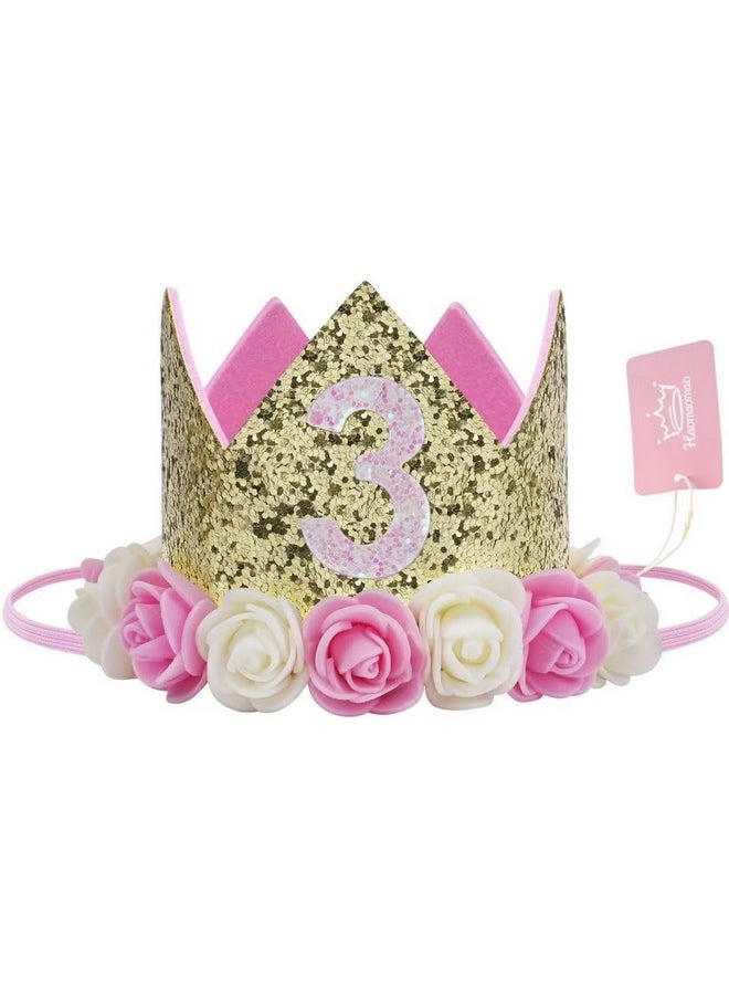 Haomaomao - Baby Birthday Crown, Princess Crowns Tiara Party Hat With Gold Glitter And Pink Roses For Birthday Party Decorations - Image 1
