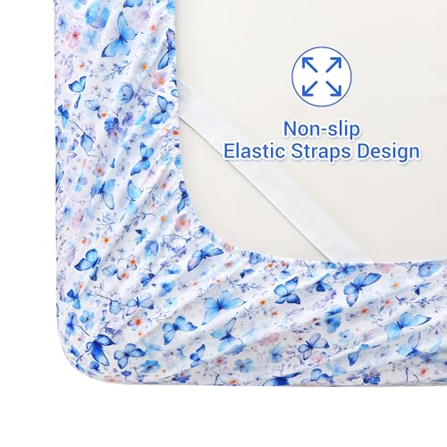 Softan Queen Floral Sheets, Microfiber Blue Flower Printed Fitted Sheets with Non-Slip Straps and 15" Deep Pocket, Butterfly Patterned Cozy Bed Sheets Queen, Cooling Sheets & Pillowcase Sets - Image 2