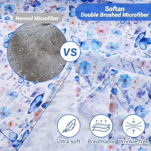 Softan Queen Floral Sheets, Microfiber Blue Flower Printed Fitted Sheets with Non-Slip Straps and 15" Deep Pocket, Butterfly Patterned Cozy Bed Sheets Queen, Cooling Sheets & Pillowcase Sets - Image 3