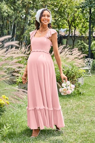 OUGES Womens 2025 Summer Maternity Baby Shower Dress Casual Boho Maxi Smocked Maternity Photoshoot Dresses Ruffle Sleeve Square Neck Gender Reveal Long Dress Pregnancy Must Have Clothes (Pink,M) - Image 5
