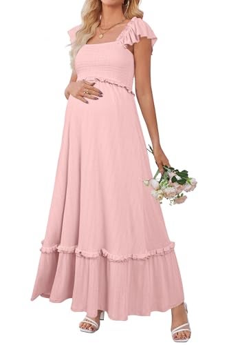 OUGES Womens 2025 Summer Maternity Baby Shower Dress Casual Boho Maxi Smocked Maternity Photoshoot Dresses Ruffle Sleeve Square Neck Gender Reveal Long Dress Pregnancy Must Have Clothes (Pink,M) - Image 1