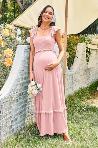 OUGES Womens 2025 Summer Maternity Baby Shower Dress Casual Boho Maxi Smocked Maternity Photoshoot Dresses Ruffle Sleeve Square Neck Gender Reveal Long Dress Pregnancy Must Have Clothes (Pink,M) - Image 4