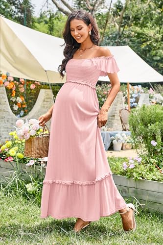 OUGES Womens 2025 Summer Maternity Baby Shower Dress Casual Boho Maxi Smocked Maternity Photoshoot Dresses Ruffle Sleeve Square Neck Gender Reveal Long Dress Pregnancy Must Have Clothes (Pink,M) - Image 3