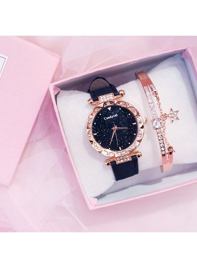 Ladies' diamond studded watch and bracelet set, fashionable and minimalist dial belt, quartz watch, star bracelet gift set - Image 1