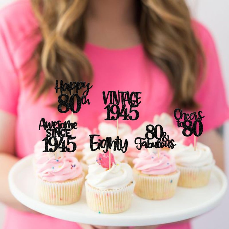 RSSTARXI 24 Pack Vintage 1945 Cupcake Toppers Black Glitter Happy 80th Hiters to 80 80 80 Fabulous Cupcake for Happy 80th Birthday Anniversary Cake Cake Cake - Image 4