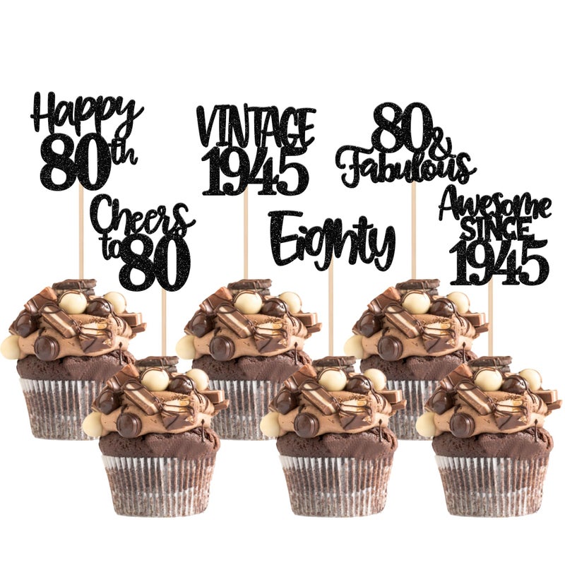 RSSTARXI 24 Pack Vintage 1945 Cupcake Toppers Black Glitter Happy 80th Hiters to 80 80 80 Fabulous Cupcake for Happy 80th Birthday Anniversary Cake Cake Cake - Image 1