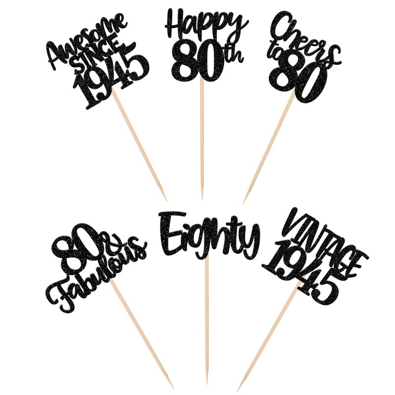 RSSTARXI 24 Pack Vintage 1945 Cupcake Toppers Black Glitter Happy 80th Hiters to 80 80 80 Fabulous Cupcake for Happy 80th Birthday Anniversary Cake Cake Cake - Image 3