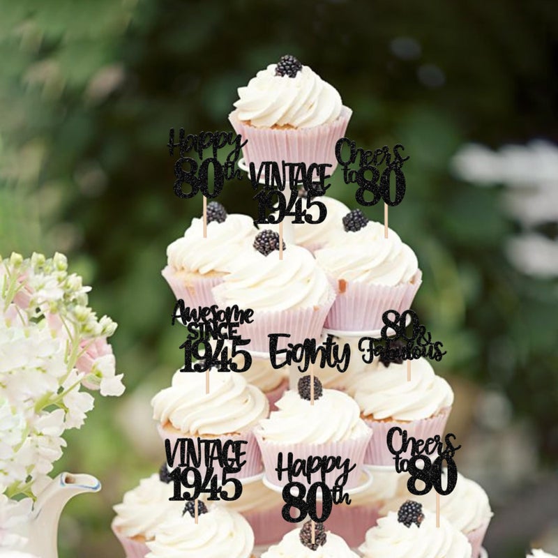 RSSTARXI 24 Pack Vintage 1945 Cupcake Toppers Black Glitter Happy 80th Hiters to 80 80 80 Fabulous Cupcake for Happy 80th Birthday Anniversary Cake Cake Cake - Image 5