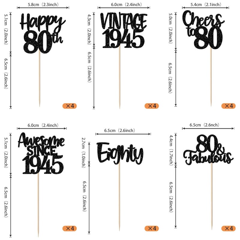 RSSTARXI 24 Pack Vintage 1945 Cupcake Toppers Black Glitter Happy 80th Hiters to 80 80 80 Fabulous Cupcake for Happy 80th Birthday Anniversary Cake Cake Cake - Image 2