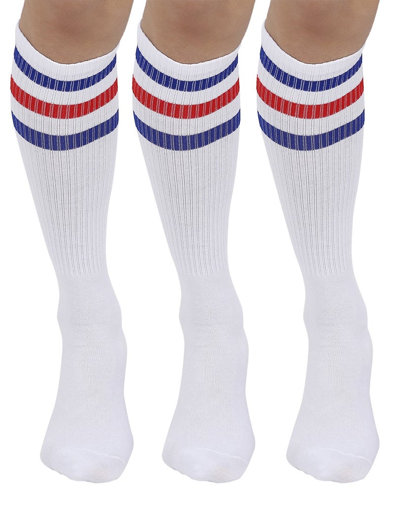 Joulli Men's White Knee High Retro Striped Tube Over the Calf Socks 3 Pairs - Image 1