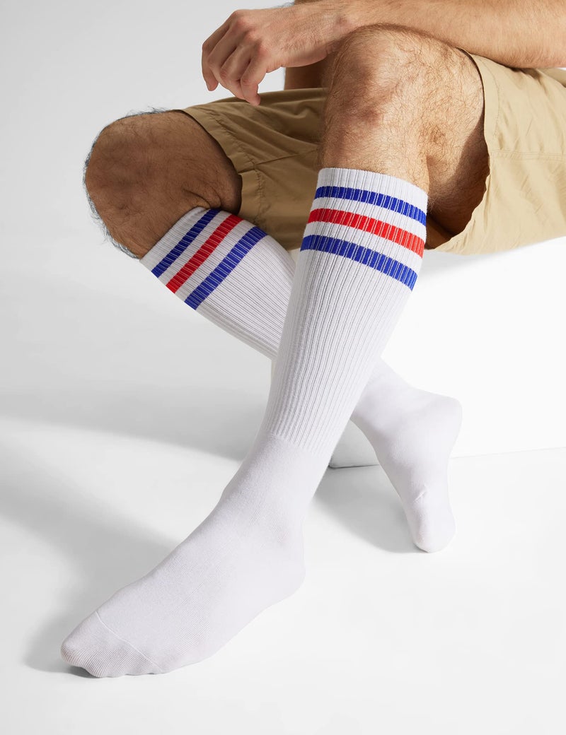 Joulli Men's White Knee High Retro Striped Tube Over the Calf Socks 3 Pairs - Image 5