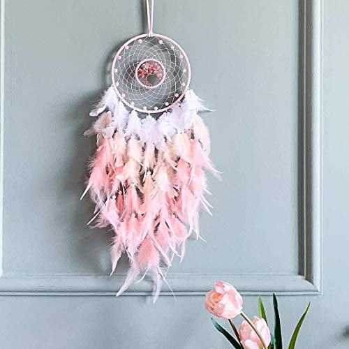 Dksuwe Dream Catchers, Pink Dream Catcher Tree of Life Wall Decor, with Natural Healing Crystal Stone, Perfect Pink Crystal Handmade Dreamlike Dream Catchers for Girls Bedroom Decor Art Craft Gift - Image 1