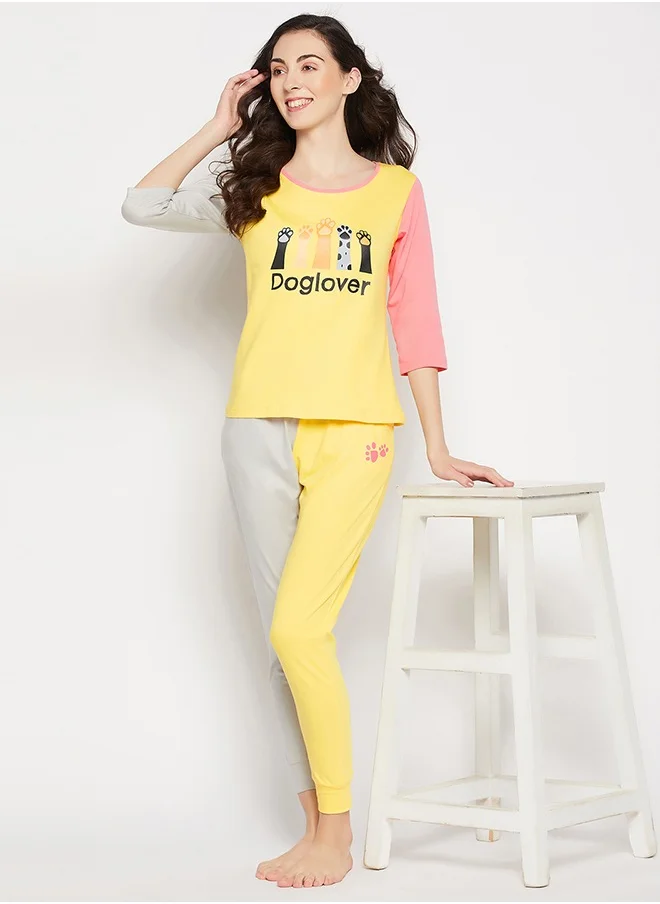 كلوفيا Clovia Graphic & Text Print Colourblocked Top & Joggers Set in Yellow - 100% Cotton