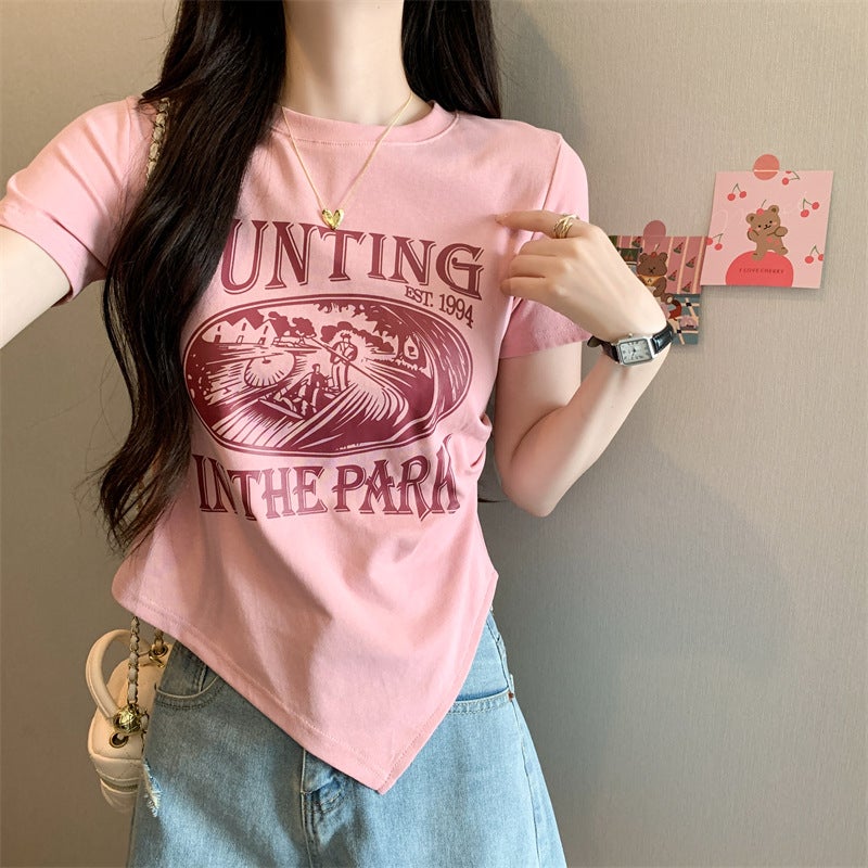 2026 Summer Dopamine T-Shirt For Women, Irregular And Stunningly Beautiful American Retro Print Short-Sleeve Top - Image 3
