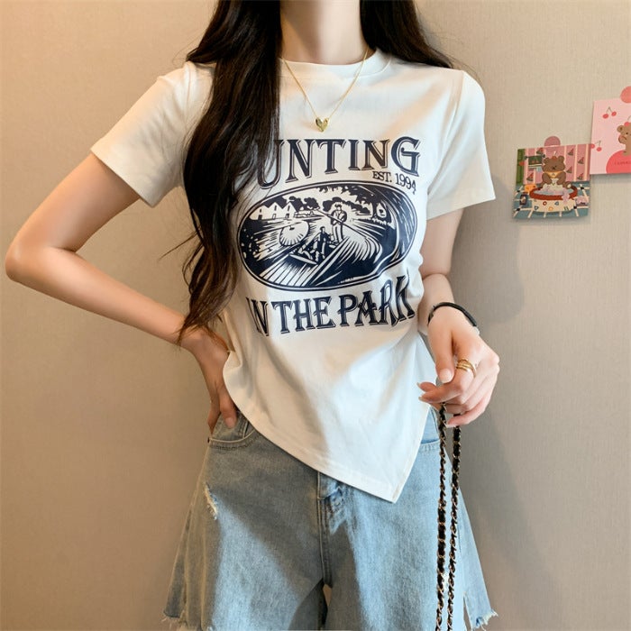 2026 Summer Dopamine T-Shirt For Women, Irregular And Stunningly Beautiful American Retro Print Short-Sleeve Top - Image 1