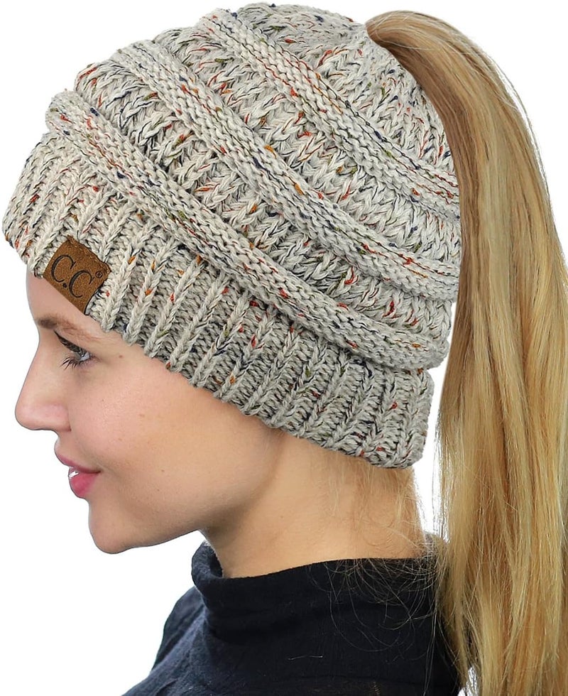 Cc Exclusives Soft Stretch Cable Knit Messy Bun Ponytail Beanie Winter Hat for Women (MB-20A) - Image 1