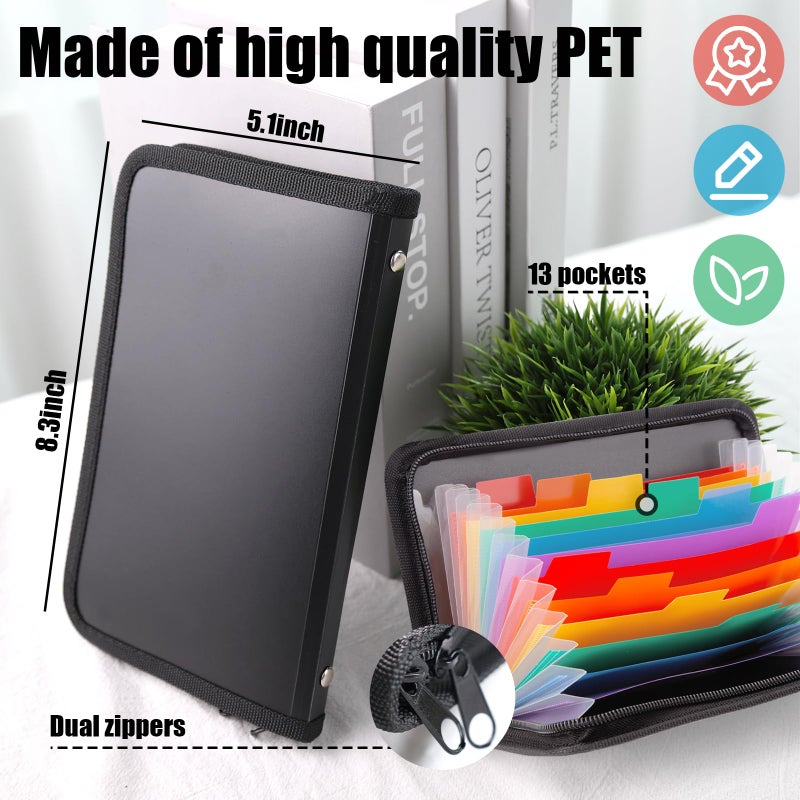 Koogel Expanding File Folder, 13 Pockets Small Accordion File Holder Organizer with Labels for Receipt Cards, Document, Zipper Closure, Bill Business, Coupons Storage, Classroom, 8.3X5.1 Inches, Black - Image 3