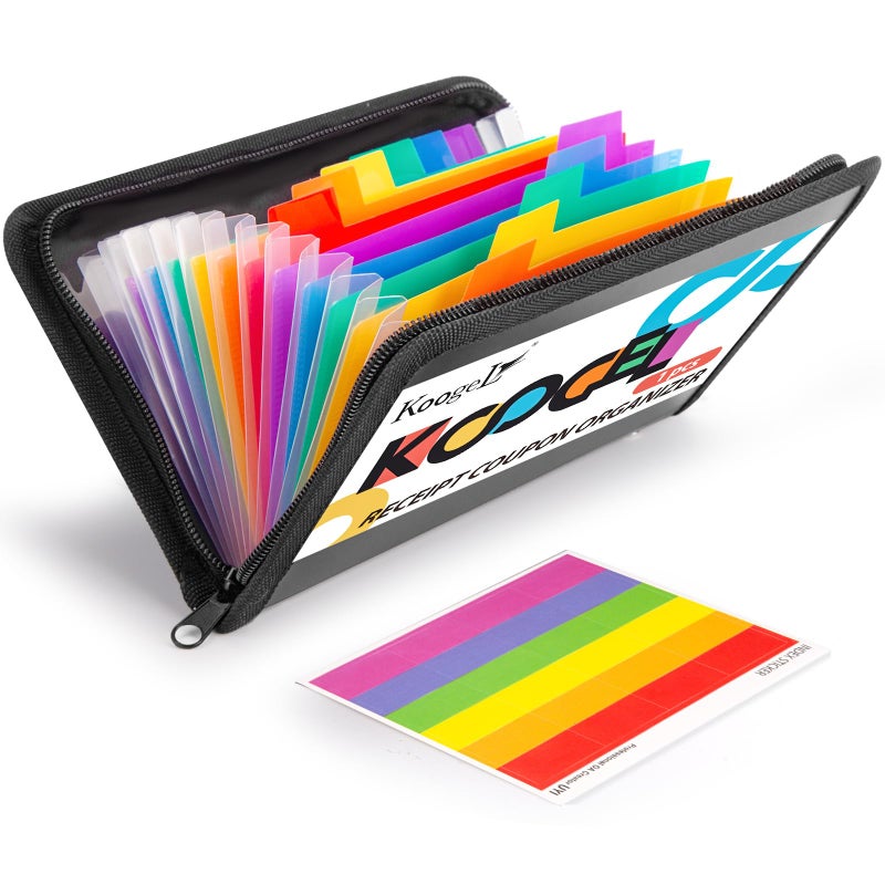Koogel Expanding File Folder, 13 Pockets Small Accordion File Holder Organizer with Labels for Receipt Cards, Document, Zipper Closure, Bill Business, Coupons Storage, Classroom, 8.3X5.1 Inches, Black - Image 1