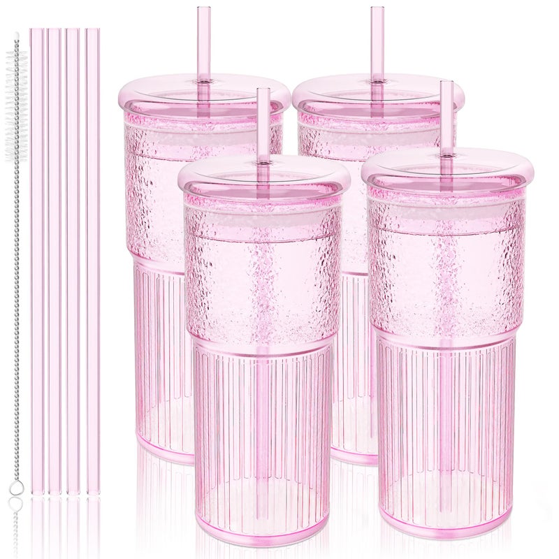 Luiaiog 20oz Glass Cups with Lids and Straws - Set of 4 Reusable Tumblers, Thickened Shatter-Resistant Glass, Ideal for Iced Coffee, Smoothies, Cocktails, Juices - Elegant & Durable Drinkware (Pink) - Image 1