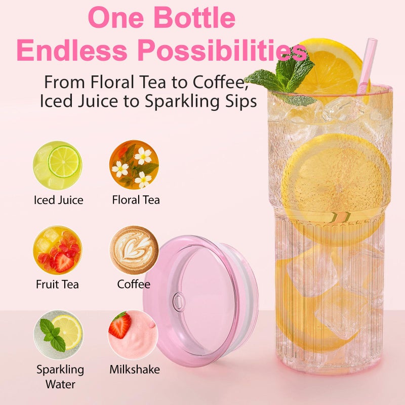 Luiaiog 20oz Glass Cups with Lids and Straws - Set of 4 Reusable Tumblers, Thickened Shatter-Resistant Glass, Ideal for Iced Coffee, Smoothies, Cocktails, Juices - Elegant & Durable Drinkware (Pink) - Image 3