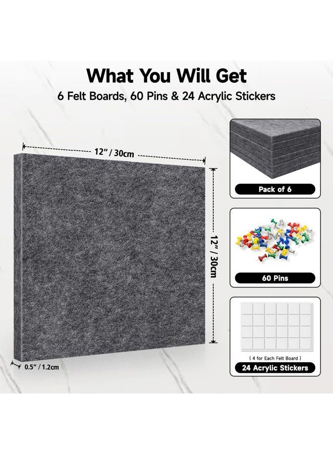 ANLIOTE 6 Pack Felt Bulletin Cork Board Tiles for Wall, 1/2" Thick Self Adhesive Pinboard Squares with 60 Pushpins, Felt Panels Wall Organizer for Photos, Pictures, Memos (11.8"x11.8"- Dark Grey) - Image 5