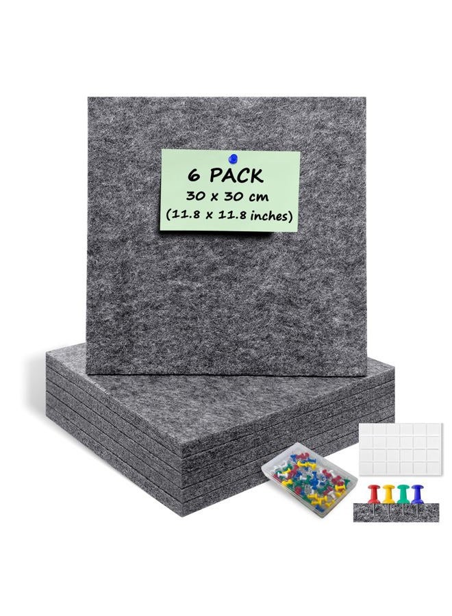 ANLIOTE 6 Pack Felt Bulletin Cork Board Tiles for Wall, 1/2" Thick Self Adhesive Pinboard Squares with 60 Pushpins, Felt Panels Wall Organizer for Photos, Pictures, Memos (11.8"x11.8"- Dark Grey) - Image 1