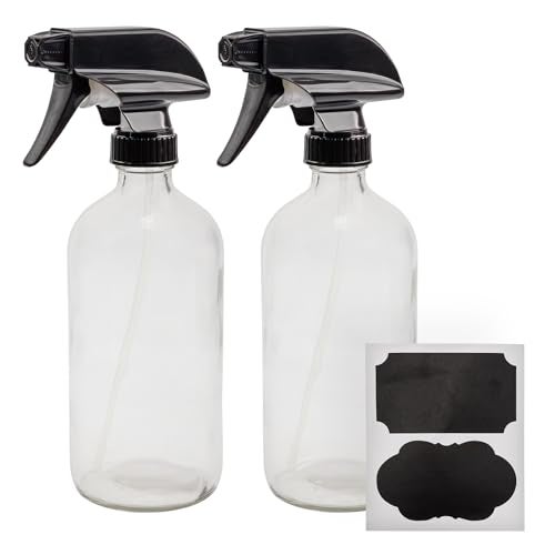 Cornucopia Brands 16oz Clear Glass Spray Bottles w/Chalk Labels (Pack of 2) Boston Round Bottles with 3-Setting Adjustable Heavy Duty Sprayers - Image 1