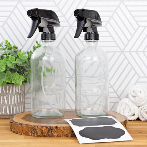 Cornucopia Brands 16oz Clear Glass Spray Bottles w/Chalk Labels (Pack of 2) Boston Round Bottles with 3-Setting Adjustable Heavy Duty Sprayers - Image 2