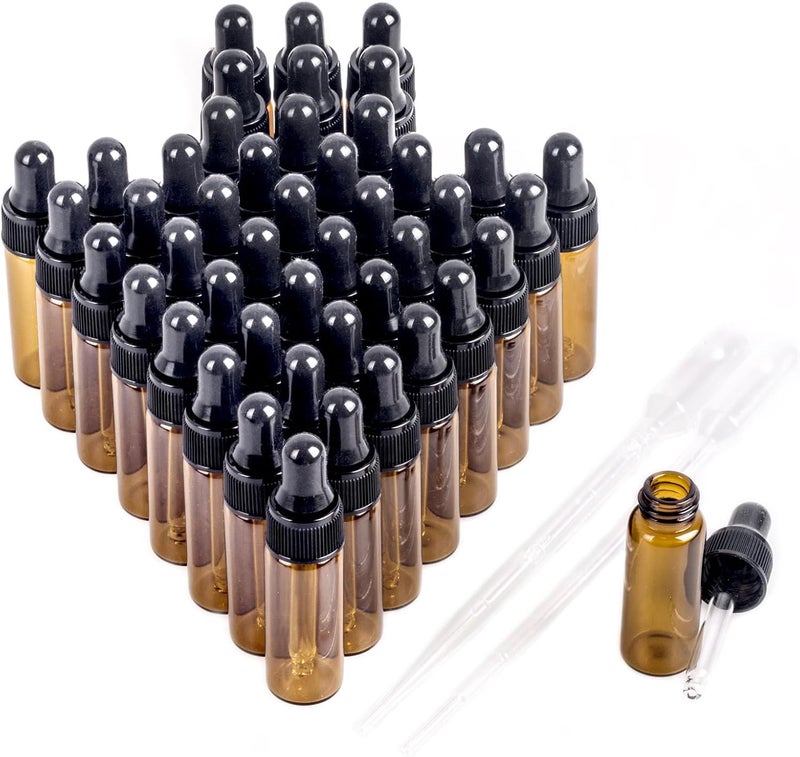 Sample Dropper Bottles, Mini Dropper Bottles with 2 Pcs Plastic Droppers for Traveling Essential Oils DIY Cosmetic Liquid Sample Perfume (Amber, 1ML-100PCS)